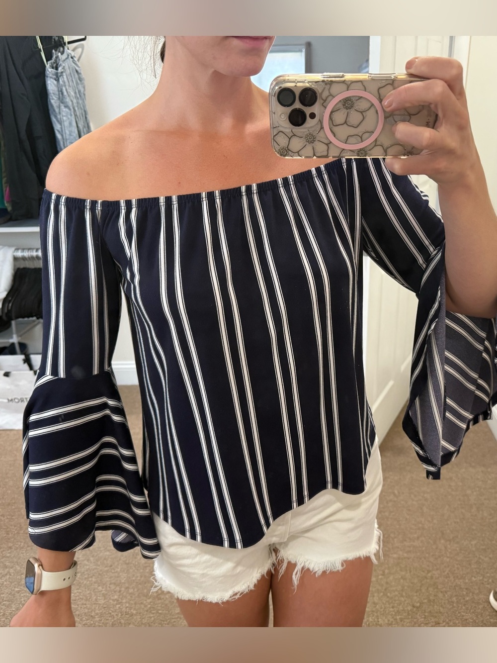 Express Off-the-shoulder Navy & White Striped Top Bell sleeves,  Woman’s Medium